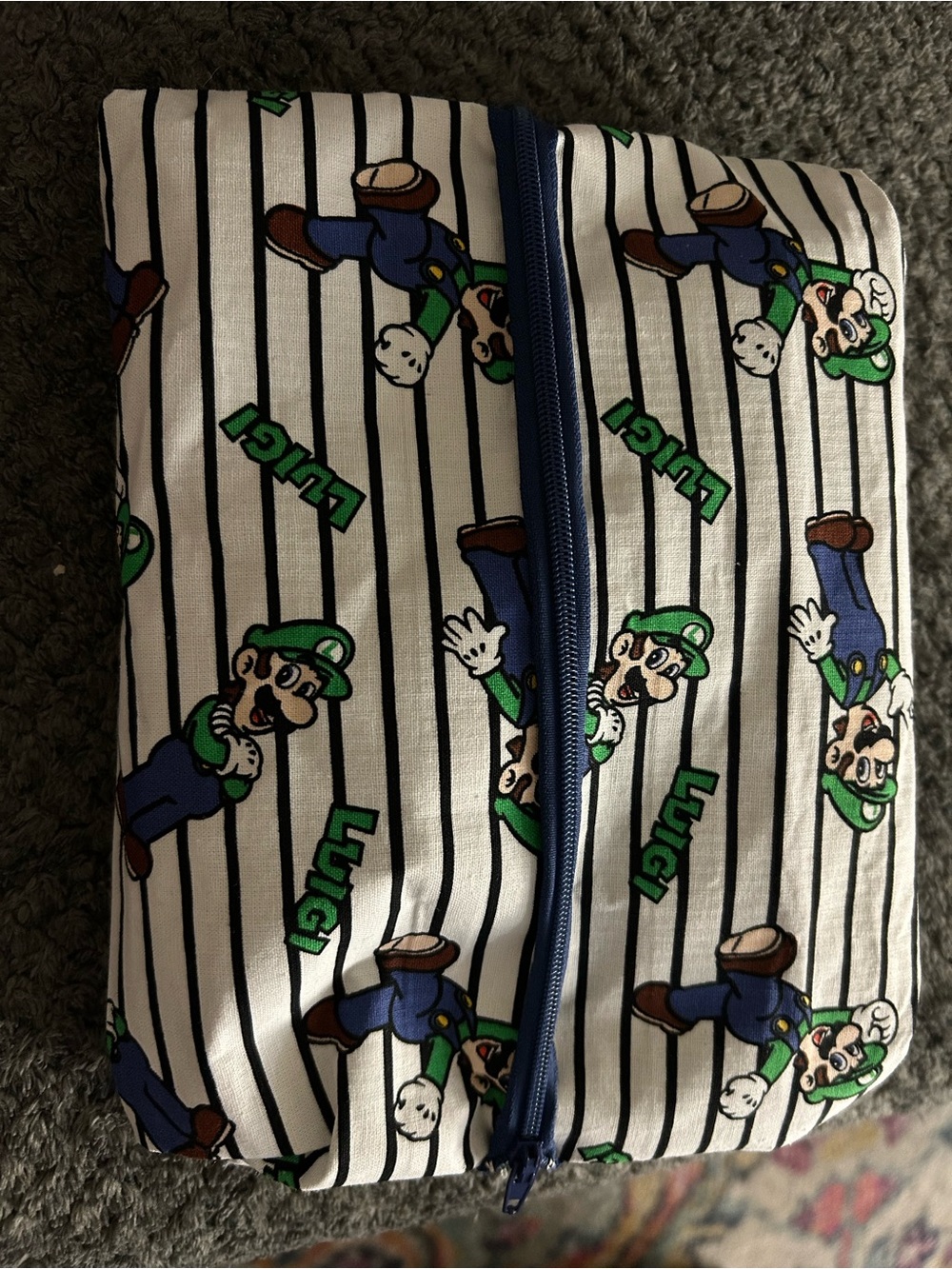 Hand Crafted White Black Stripe Luigi Print Cosmetic Pouch